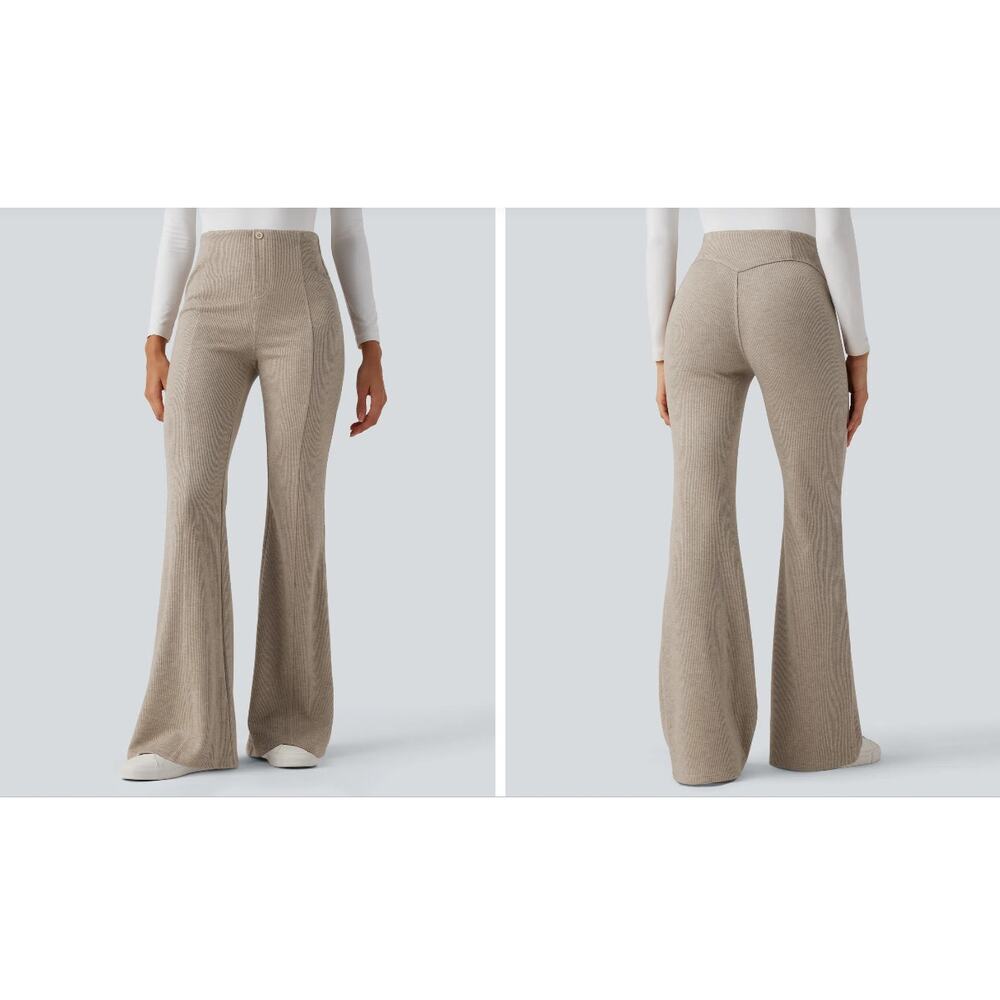 Halara Ribbed High‑Waisted Tummy Control Flare Pants Oatstone Beige XS Reg EUC